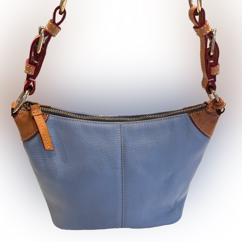 Vintage Dooney & Bourke Sky Blue Leather Tan Trim Shoulder Purse EUC
